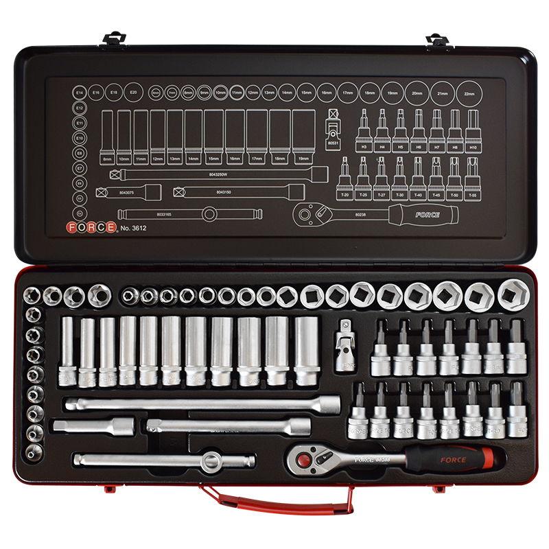 Force Socket set 3/8",6-22mm, E4-E20, T20-T55, 61 parts